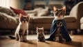 cat A comical troupe of a kitten , wearing tiny superhero capes and masks,