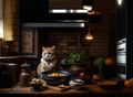 The cat cooks food in the kitchen (AI Generated)
