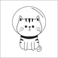 Cat cosmonaut astronaut spaceman wearing space suit. Contour line. Sad head face. Cute cartoon kitty character. Kawaii animal. Fun