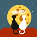 Cat couple watching moon on roof cartoon vector illustration Royalty Free Stock Photo