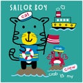 Cat and crab the sailorman funny animal cartoon, vector illustration