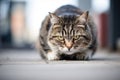 cat crouched in shadow, eyes focused