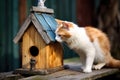 cat crouching near a birdhouse, ready to pounce