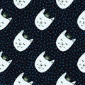 Cat with crowns seamless naive doodle pattern. Black background with blue dots and white faces animals print