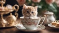 fluffy Maine Coon kitten with a playful glint in its eyes, sitting snugly in an oversized porcelain teacup