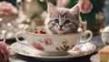 cat in a cup A fluffy Maine Coon kitten with a playful glint in its eyes, sitting snugly in an oversized porcelain tea cup