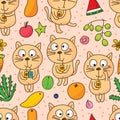 Cat cute drink fruit seamless pattern