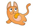 Cat. Cute, funny, children`s stylized ginger kitten with a pink belly and ears. Vector full color cat for kids