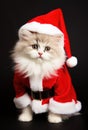 Cat cute funny kitten wearing Santa Claus costume on Christmas glittering lights