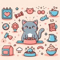 cat cute illustration, unique cartoon blue brown grey fish