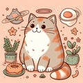 cat cute illustration, unique cartoon blue brown grey fish fat donut Royalty Free Stock Photo