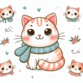 cat cute illustration, unique cartoon blue brown grey fish syal Royalty Free Stock Photo