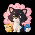 cat with cute kitten and dog on a black background. 3 d rendering.