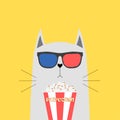 Cat in 3d glasses with box, bowl of popcorn isolated on background. Cute animal character. Movies, cinema theater, film concept. Royalty Free Stock Photo