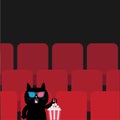 Cat in 3D glasses sitting in movie theater eating popcorn. Royalty Free Stock Photo