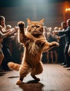 a cat is dancing on its hind legs in front of a crowd of people