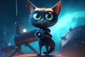 Cat daring space adventurer, standing on the surface of a distant planet and holding a laser gun, cartoon style illustration