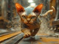 A cat dashes across train tracks, showcasing its agility and fearless spirit.