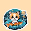 Cat Day copy space banner a cute cartoon Cat hunting Fish, holding on hand. Happy animals Friendship Between Humans and Cats. Royalty Free Stock Photo
