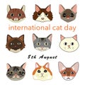 Cat day smile happy nine cats hand drawn cartoon vector