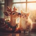 A cat and a deer gently touching noses in a natural outdoor setting, symbolizing harmony and affection. Royalty Free Stock Photo