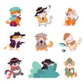 Cat detectives cartoon mascots. Cute cat in suit hold magnifying glass, reading notes and looking steps. Animal