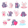 Cat devil cupid angel cartoon characters Valentine Day vector illustration. Funny cat angels and demons cupids