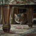 Cat discreetly hiding under furniture, wide shot in home setting, highlighting its wary behavior