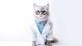 A cat doctor in a medical gown has a clinical stethoscope. White background. Isolated. Portrait of a beautiful cat with