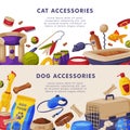 Cat and Dog Accessories Banner Templates Set, Pet Shop Products Poster, Flyer, Brochure Cartoon Vector Illustration Royalty Free Stock Photo