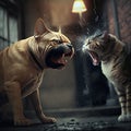 cat and dog bare their teeth and growl at each other, battle fight duel