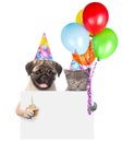 Cat and dog in birthday hats holding cake and balloons peeking from behind empty board. isolated on white background Royalty Free Stock Photo