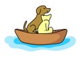 Cat and dog in boat Happy pets illustration