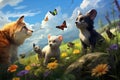 Cat, dog and butterfly in the meadow. 3d render, A cute dog watches a movie on a laptop screen, creating an adorable scene, AI Royalty Free Stock Photo