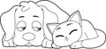 Outlined Funny Dog And Cat Cartoon Characters Sleeping Together Royalty Free Stock Photo