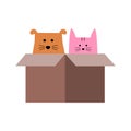 Cat and Dog in cardbox. cute animal character