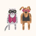 Cat and dog in carnival robber thief mask. Pets illustration on light background