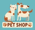 Cat and dog. Cartoon pet shop or vet store logo sign with happy animals. Friends kitten and puppy together. Veterinarian