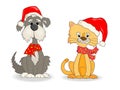 Cat and dog with christmas hats vector Royalty Free Stock Photo
