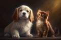 Cat And Dog . Cute Puppy And Kitten . AI generated Illustration