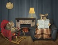 Cat with a dog by a fireplace Royalty Free Stock Photo