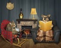 Cat with a dog by a fireplace 2 Royalty Free Stock Photo