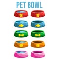 Cat and dog food pet bowl. Cute Cartoon vector illustration pet feed containers, bowl or plate . Home animals wet and dry food