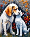 cat and dog friends kissing illustration, digital painting, deep brush strokes Royalty Free Stock Photo