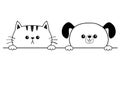 Cat dog happy face head icon. Hands paw holding table line. Contour silhouette. Cute cartoon pooch kitten character. Kawaii animal