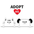 Cat Dog Head Face Set. Hands Paw Holding Line. Adopt Me. Help Homeless Animal Pet Adoption. Red Heart. Cute Cartoon Kitty Puppy Ch