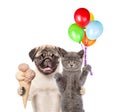 Cat and Dog holding balloons and ice cream. isolated on white background Royalty Free Stock Photo