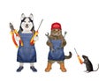 Cat with dog husky and rat are auto mechanics Royalty Free Stock Photo