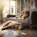Cat and Dog Lounging in a Modern Living Room
