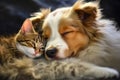 Cat and Dog Lying and Sleeping Together. Friendship of Pets Royalty Free Stock Photo